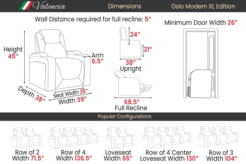 Valencia Oslo Modern XL Home Theater Seating Row of 4, Midnight Black