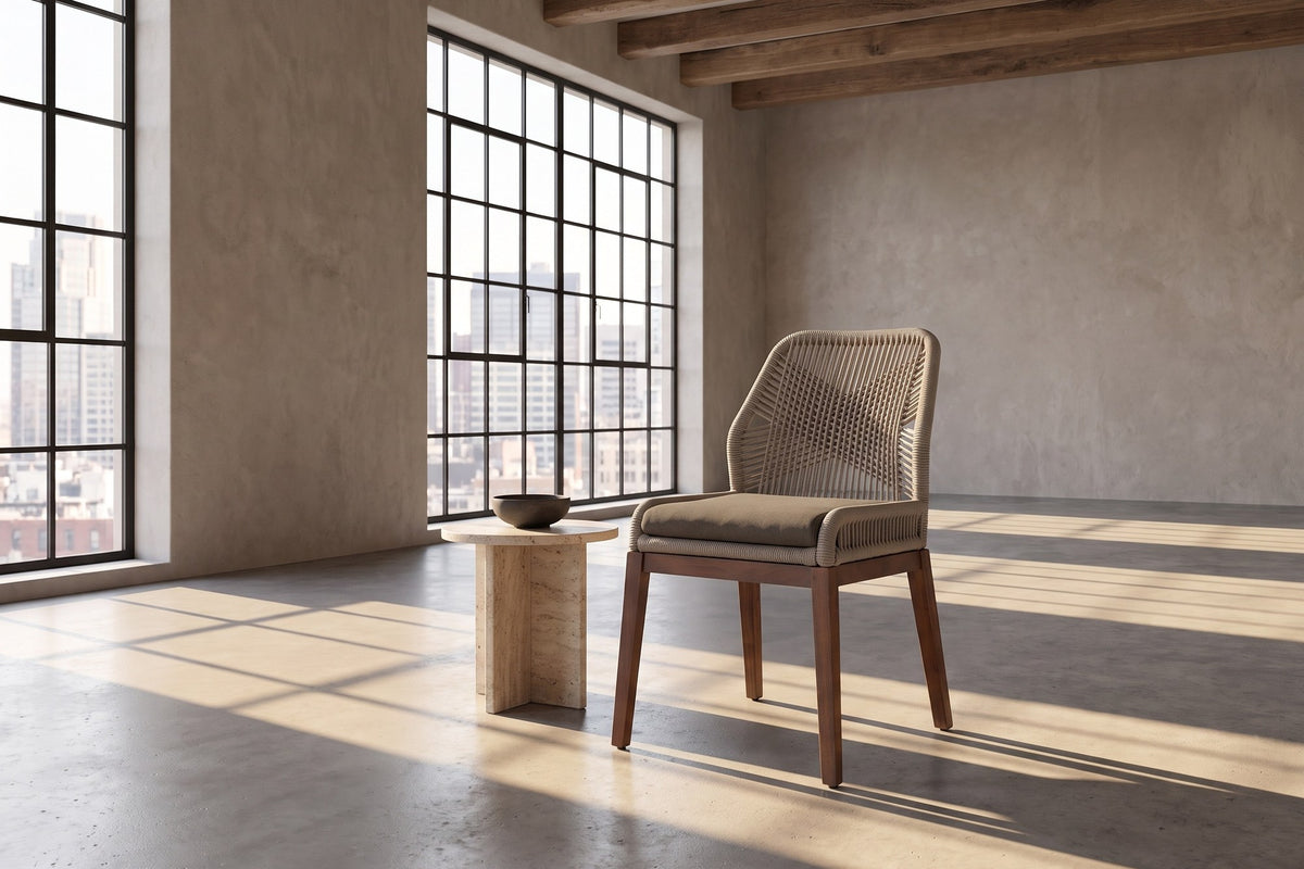 Nocera Woven Rope and Mahogany Dining Chair in a city loft
