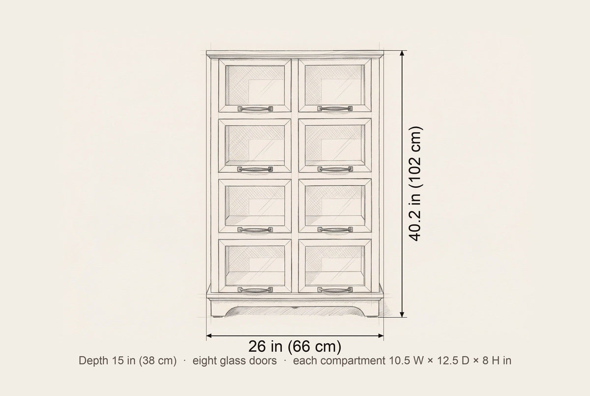 Noci display cabinet dimensions: 26 in wide, 40.2 in high, 15 in deep, each compartment 10.5 in wide, 12.5 in deep and 8 in high