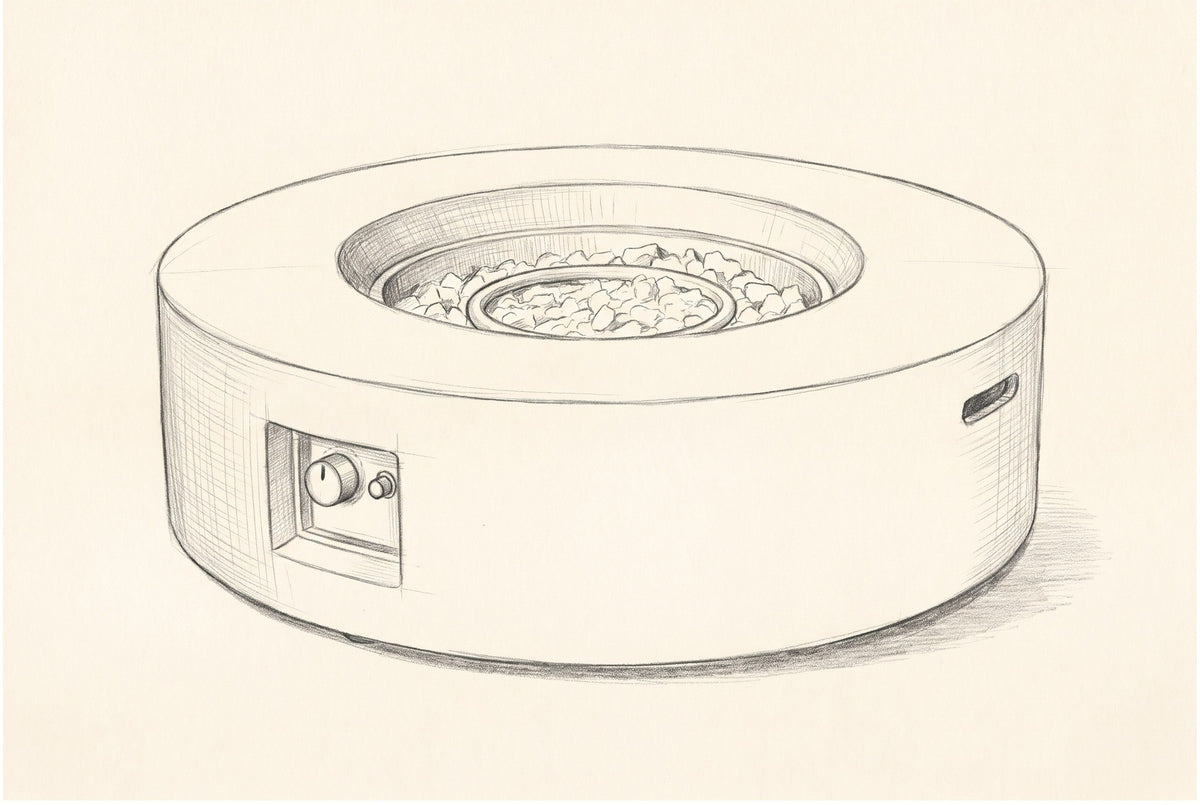 Pencil sketch of the Noto round fire pit, three-quarter view