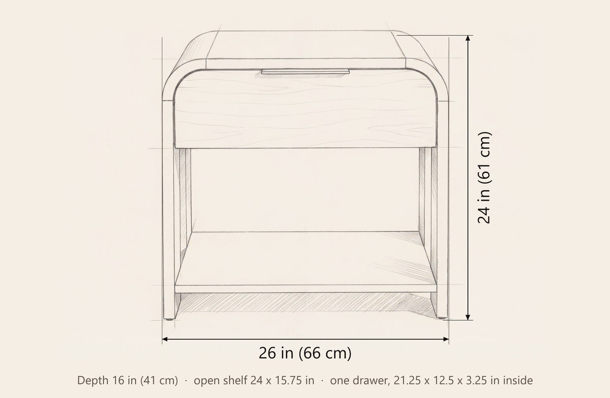 Nuoro nightstand dimensions: 26 in wide, 24 in high, 16 in deep
