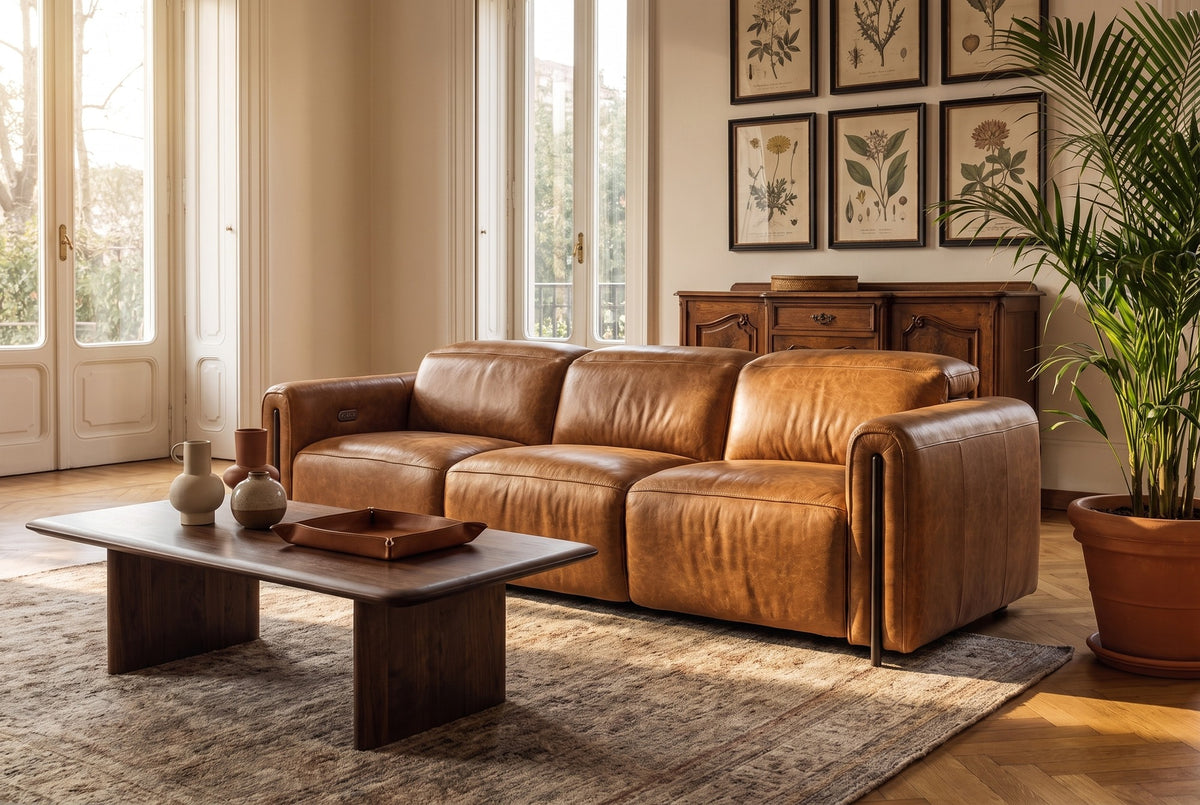 Octavia Distressed Italian Aniline Leather Dual Reclining Sofa