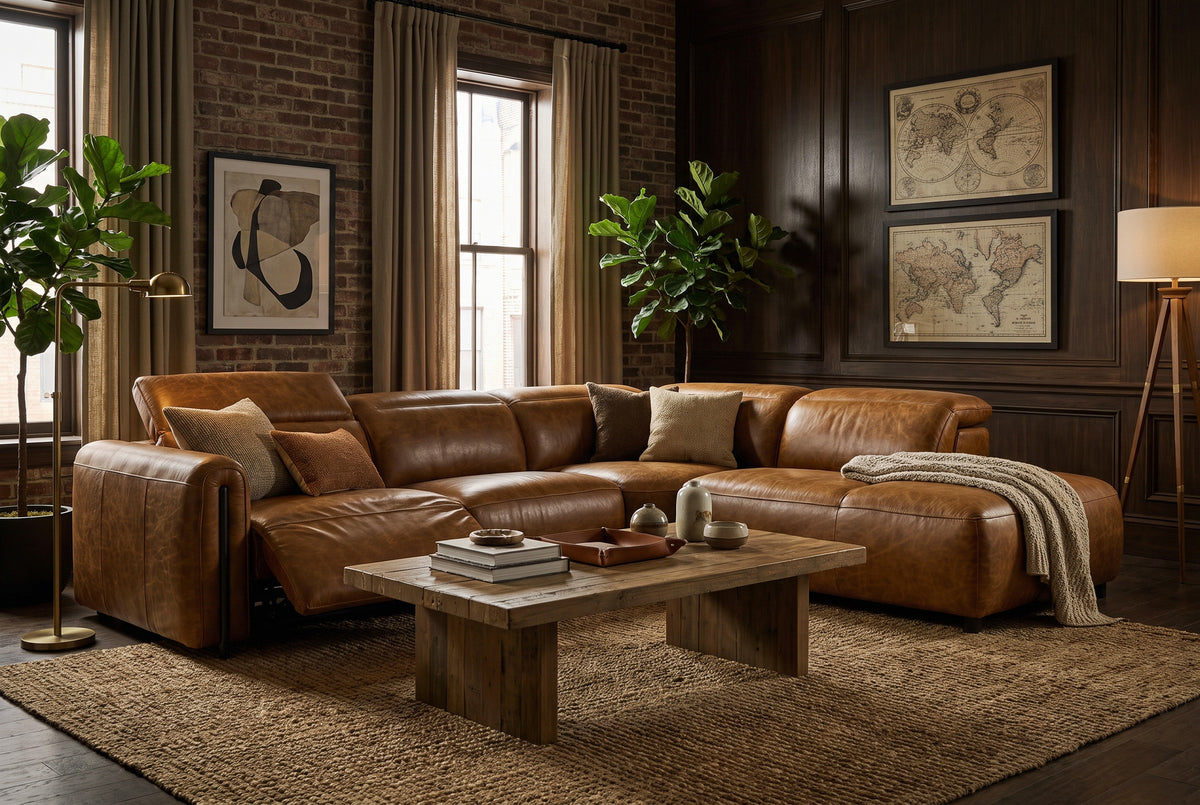 Octavia Distressed Italian Aniline Leather Reclining Corner Sectional Sofa