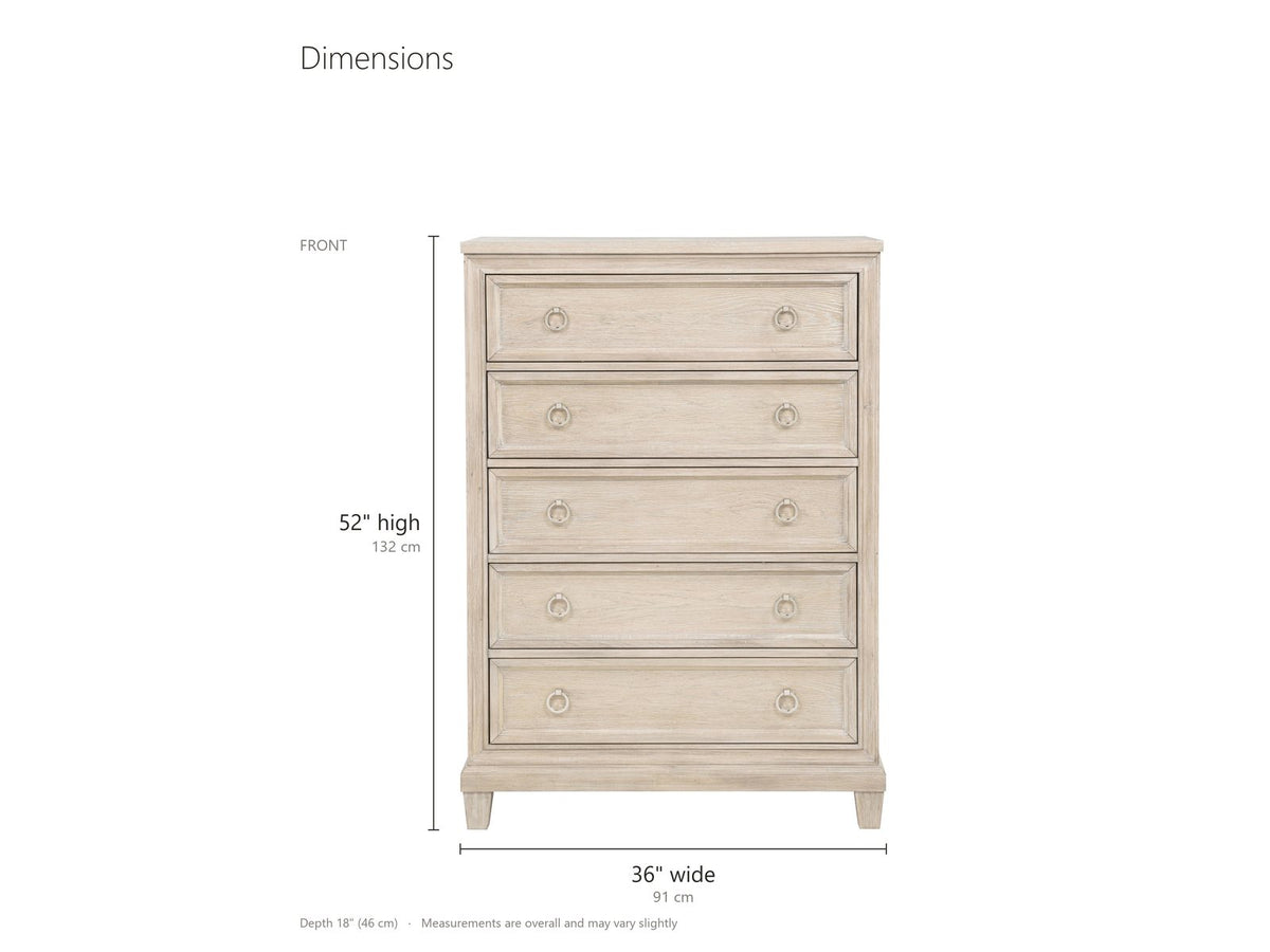 Oderzo 36-Inch Washed Oak 5-Drawer Chest dimensions: 36.0 in wide, 18.0 in deep, 52.0 in high