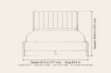 Ofena bed dimensions: Queen 67.5 in wide, 39.8 in high, 87.6 in long; King 83.4 in wide, 42.5 in high; rails 14.3 in high