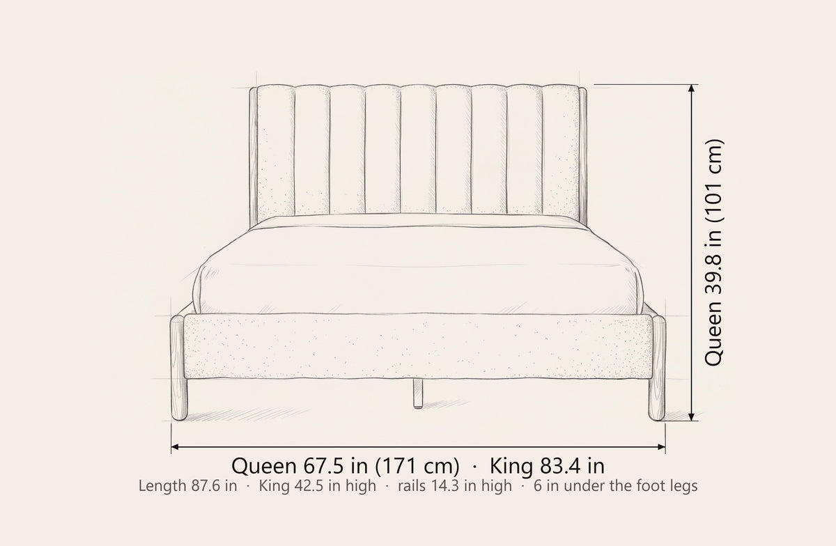 Ofena bed dimensions: Queen 67.5 in wide, 39.8 in high, 87.6 in long; King 83.4 in wide, 42.5 in high; rails 14.3 in high