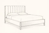 Pencil sketch of the Ofena bed with a mattress and two pillows, drawn from the same three-quarter view
