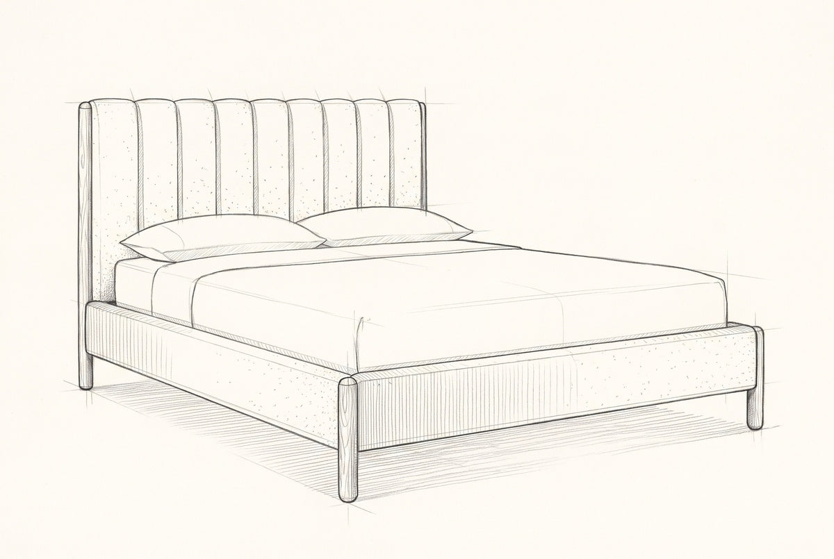 Pencil sketch of the Ofena bed with a mattress and two pillows, drawn from the same three-quarter view