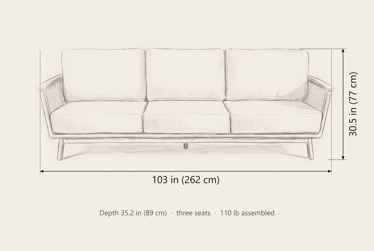 Ognina outdoor sofa dimensions: 103 in long, 30.5 in high, 35.2 in deep