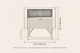 Olbia nightstand dimensions: 22 in wide, 22 in high, 16 in deep, 8 in clear under the box