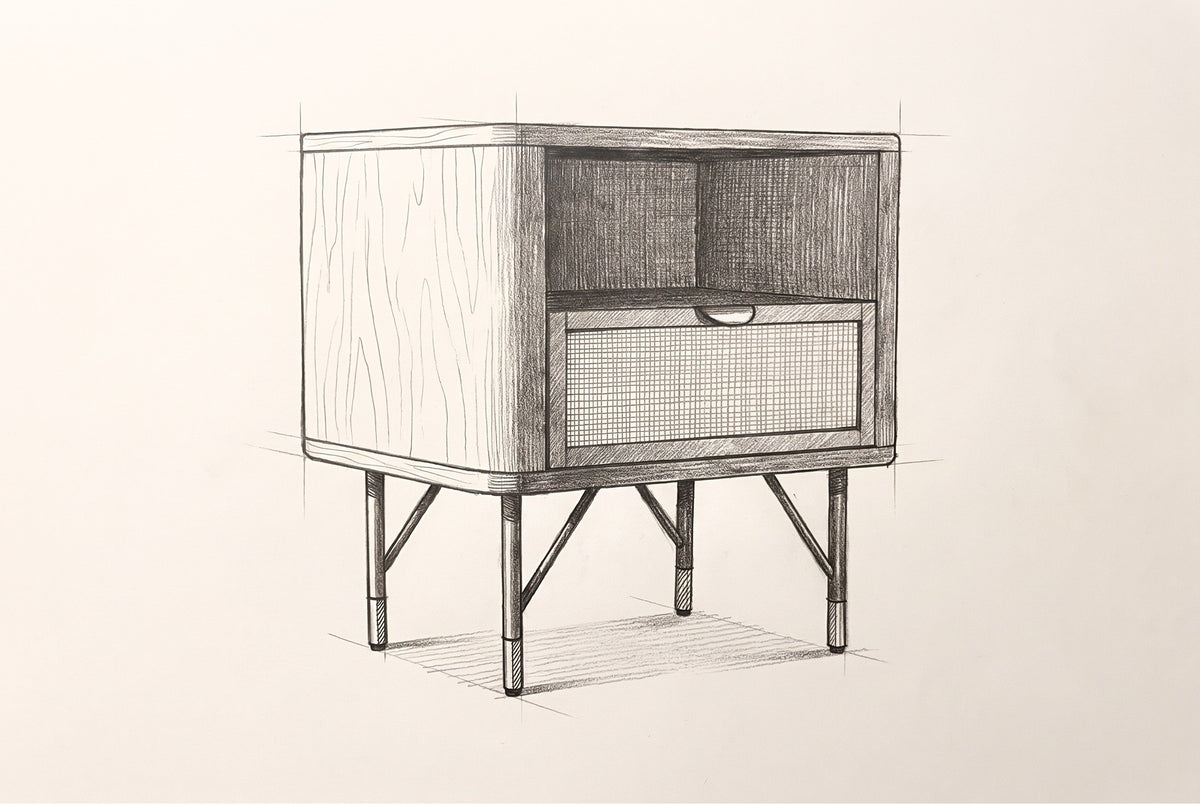 Pencil sketch of the Olbia nightstand, drawn from the same three-quarter view