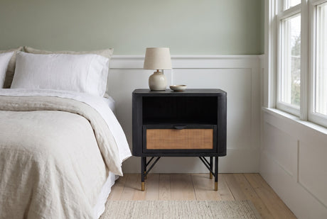 Olbia Black Acacia and Rattan 1-Drawer Nightstand