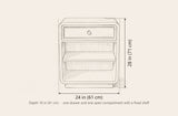 Oliena nightstand dimensions: 24 in wide, 28 in high, 16 in deep