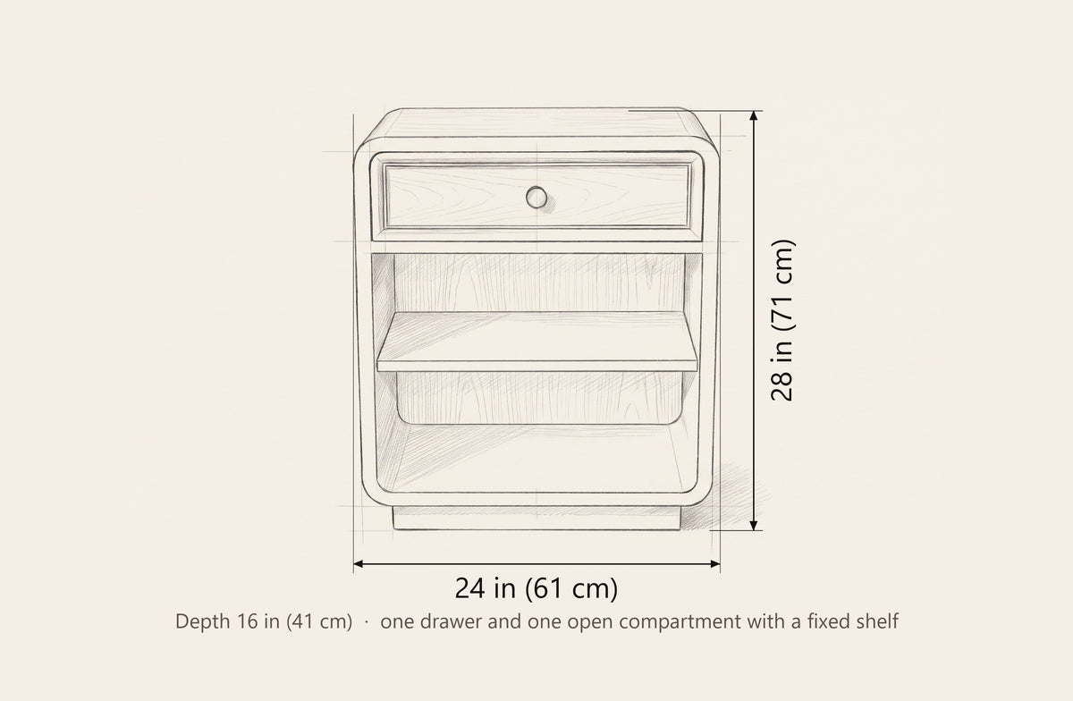 Oliena nightstand dimensions: 24 in wide, 28 in high, 16 in deep