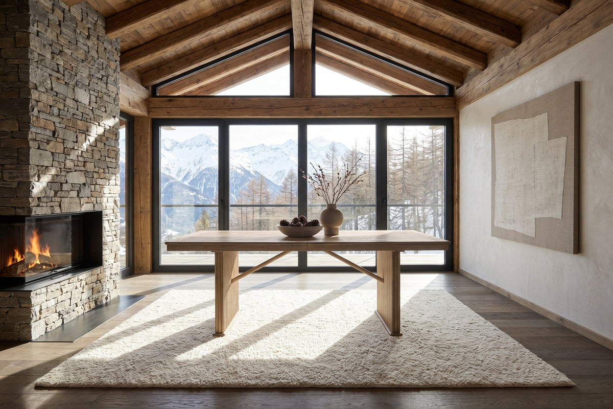 Olivadi 72-90-Inch Rectangular Extending Oak Veneer Dining Table in an alpine chalet