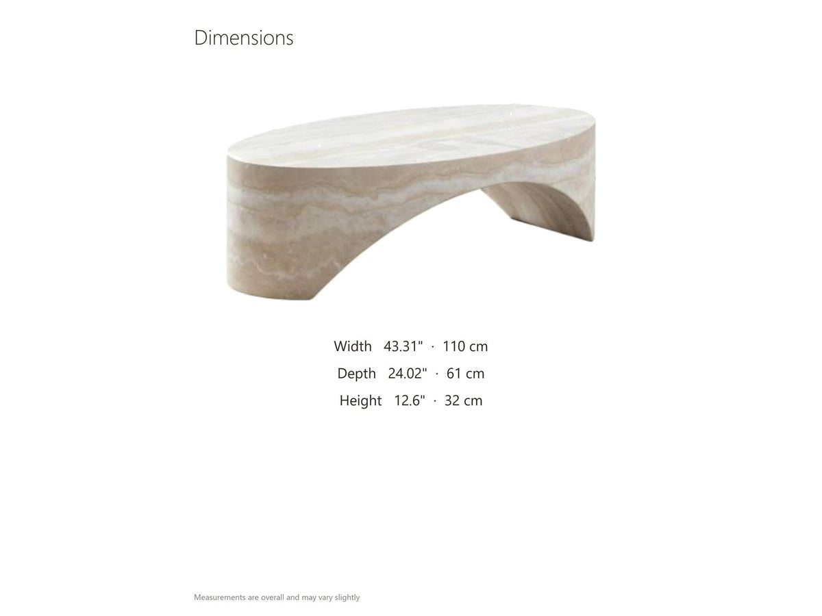 Orbetello Faux Travertine Oval Arch Coffee Table dimensions: 43.31 in wide, 24.02 in deep, 12.6 in high