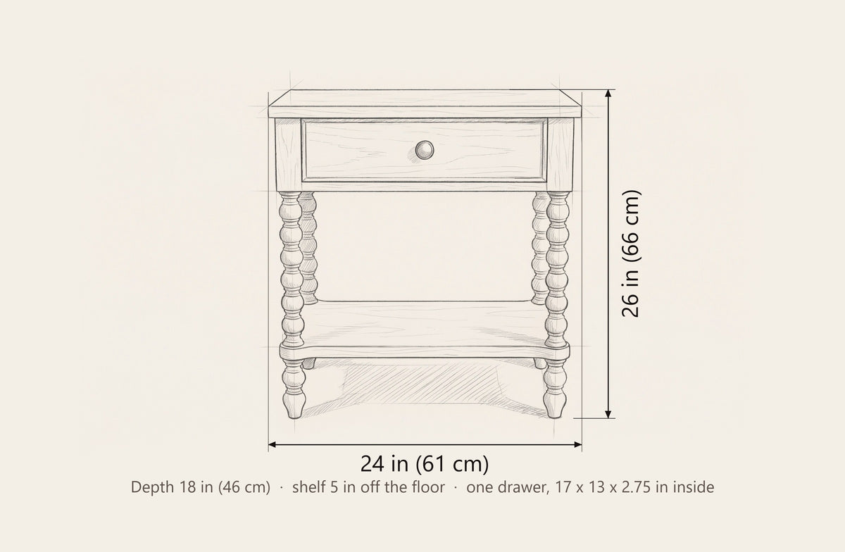 Orgosolo nightstand dimensions: 24 in wide, 26 in high, 18 in deep