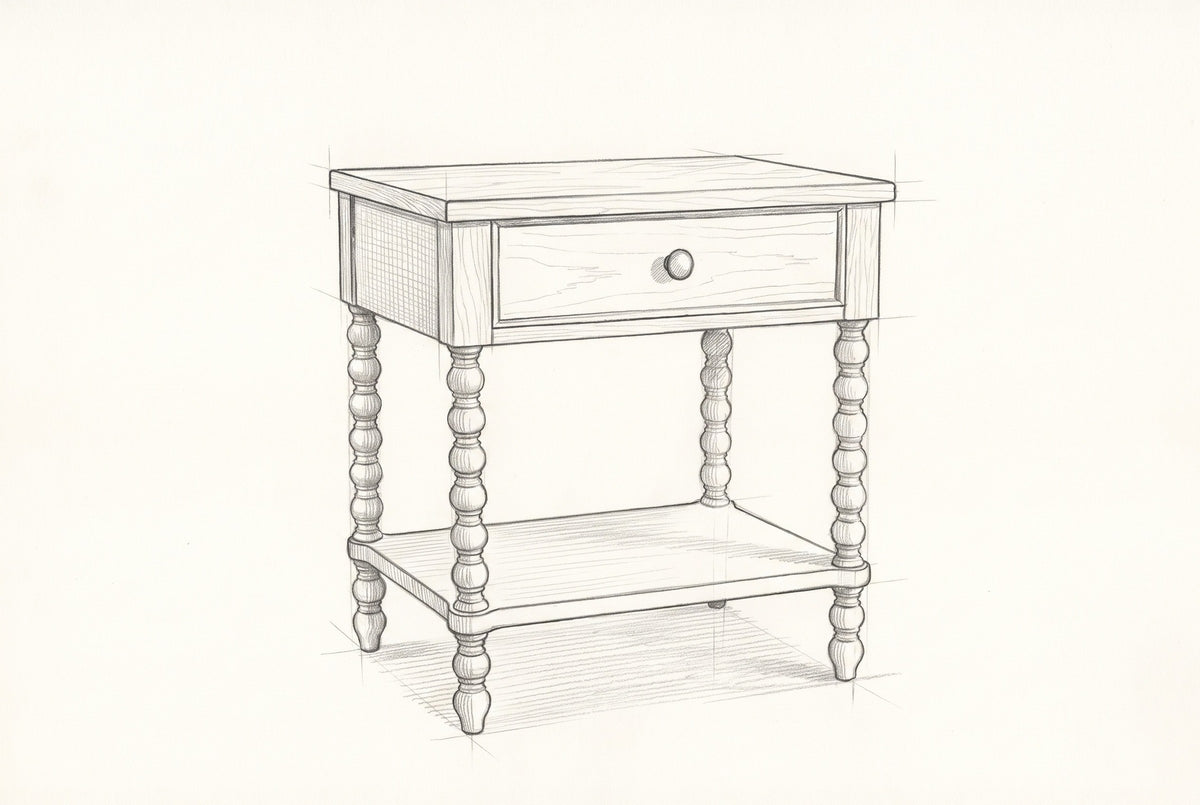 Pencil sketch of the Orgosolo nightstand, drawn from the same three-quarter view