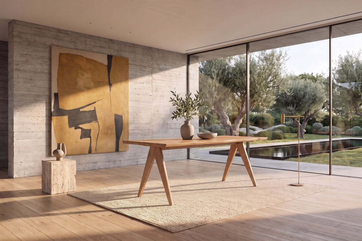 Oriolo 63-Inch Rectangular Solid Wood Dining Table in a sunlit villa dining room