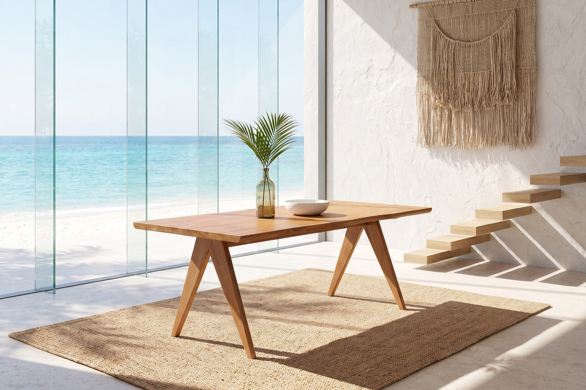 Oriolo 63-Inch Rectangular Solid Wood Dining Table in an oceanfront glass house