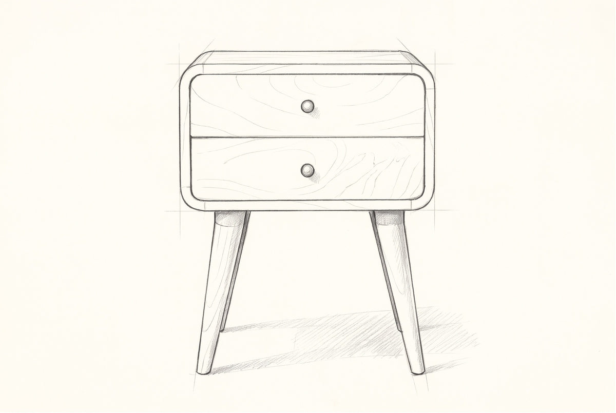 Pencil sketch of the Oristano nightstand, drawn from the same straight front view