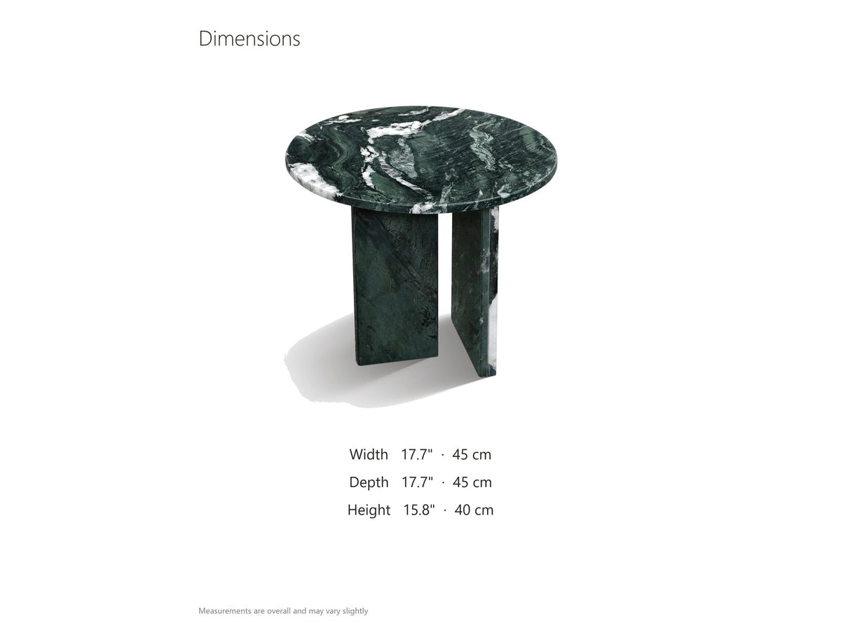 Orosei Verde Marble Round Side Table dimensions: 17.7 in wide, 17.7 in deep, 15.8 in high