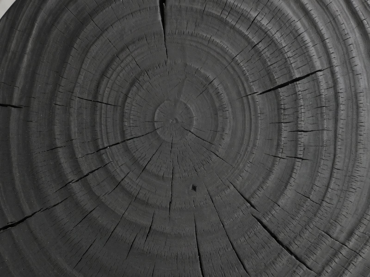 Close-up of the Orta Burnt Mango Hourglass Side Table: the growth rings and cracks of the end-grain top