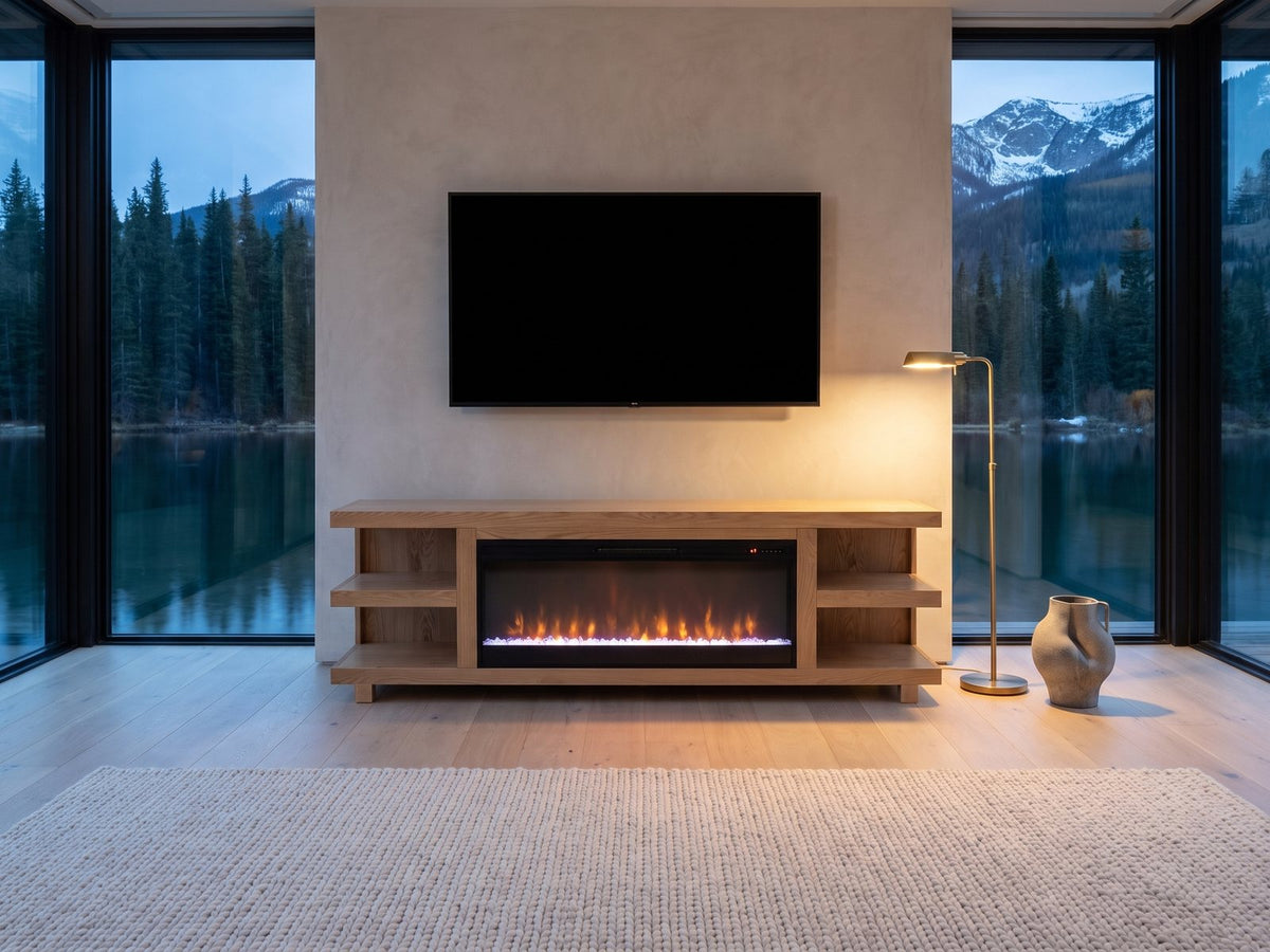 Ortisei Oak Fireplace Media Console with the fire lit under a wall-mounted screen in a lake house at dusk