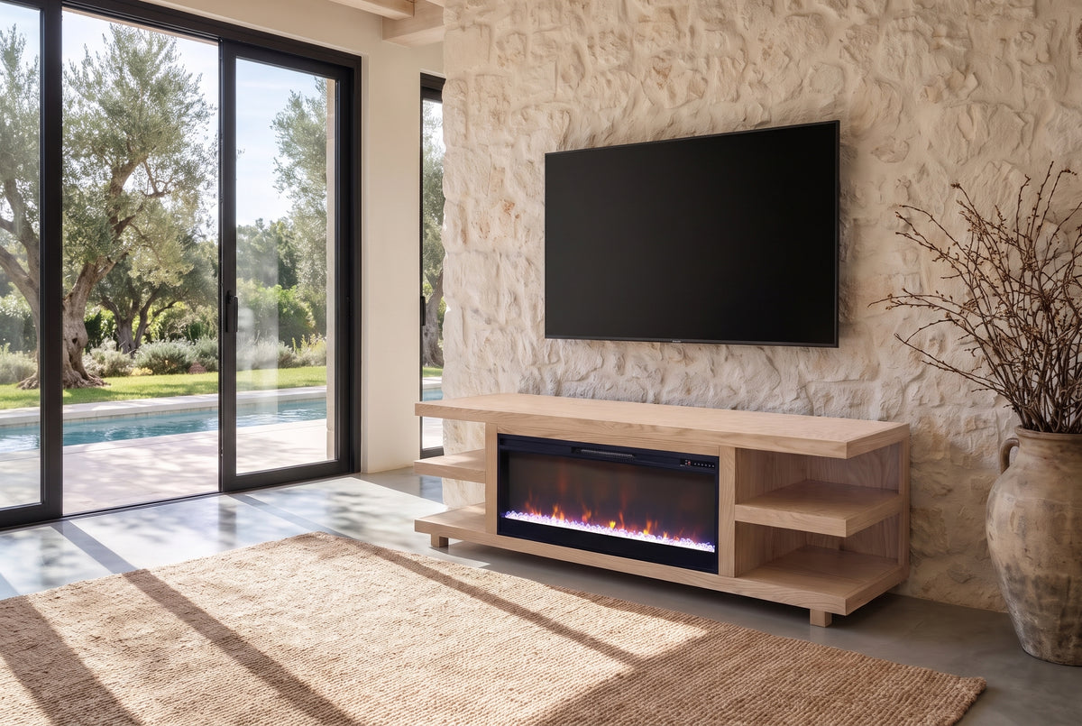 Ortisei Oak Fireplace Media Console seen from the side in a poolside villa, the fire lit