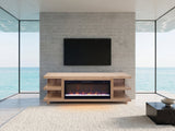Ortisei Oak Fireplace Media Console in an oceanfront glass house