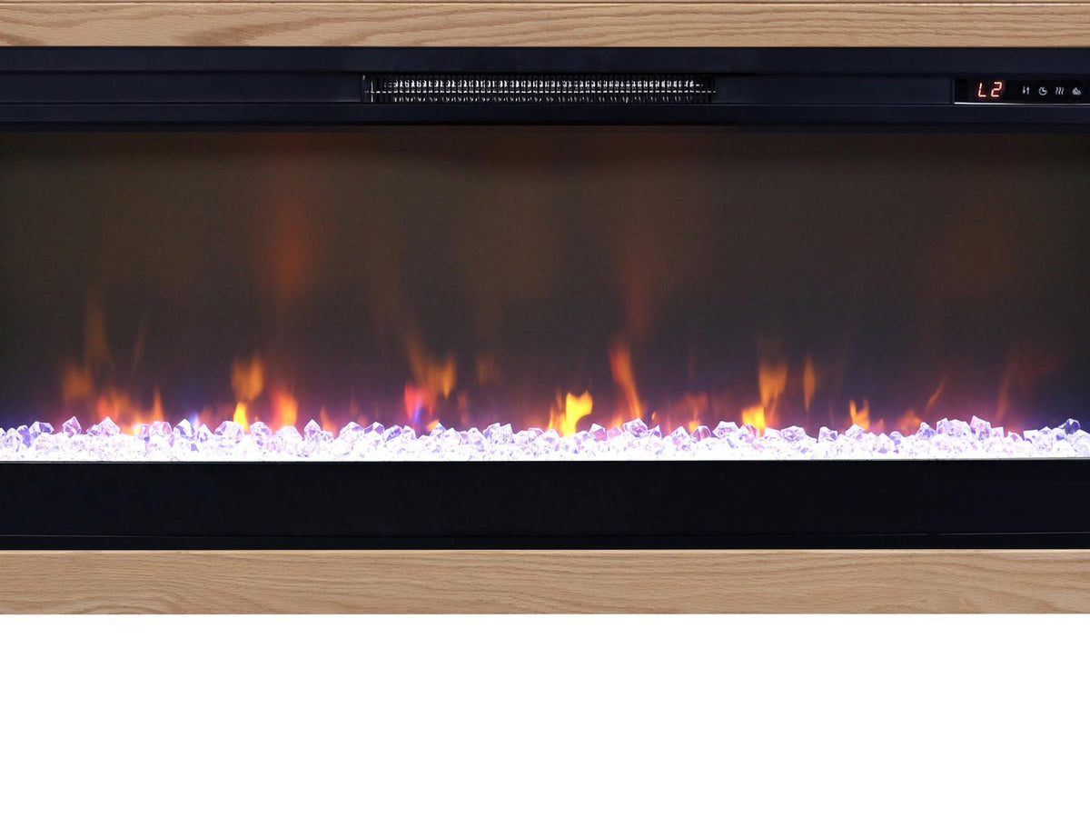 Close-up of the 42-inch electric fireplace insert with flames over crystals
