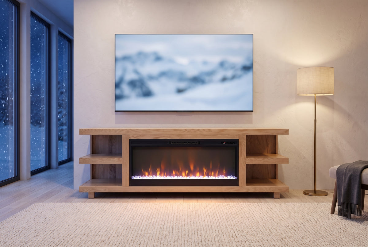 Ortisei Oak Fireplace Media Console with the fire lit under a screen on a winter evening