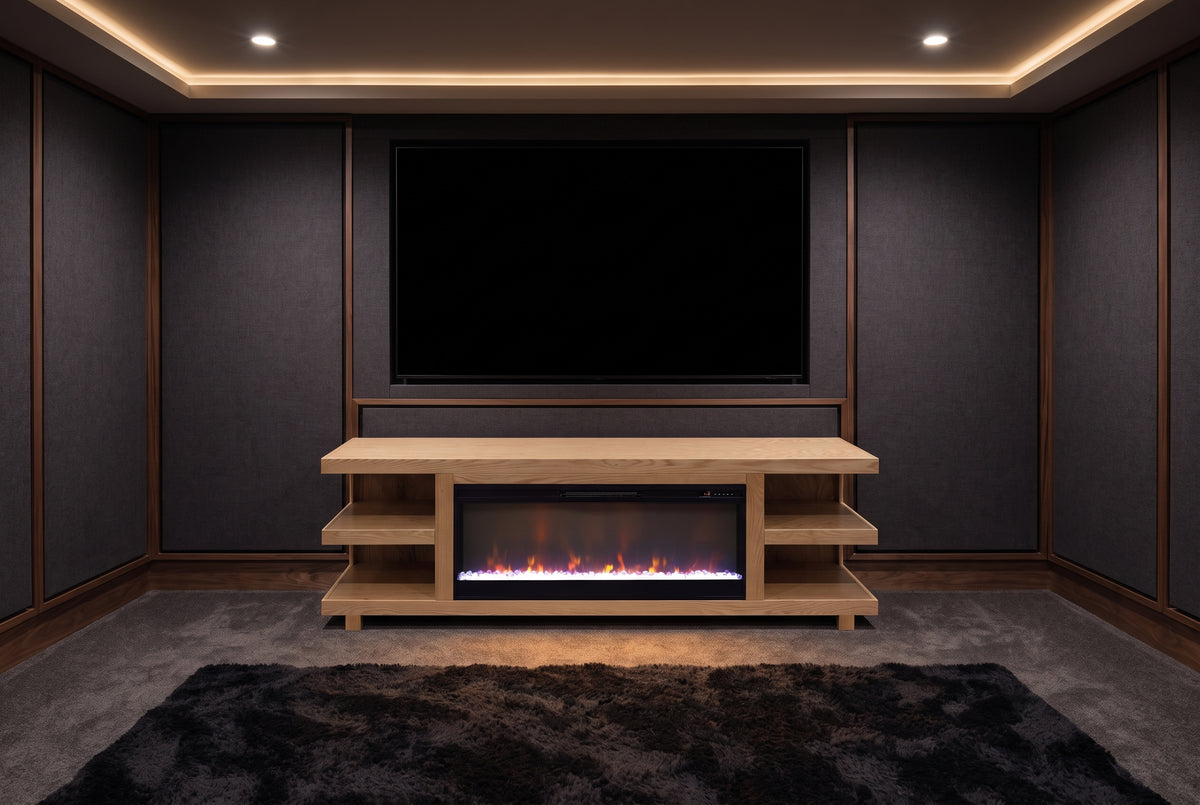 Ortisei Oak Fireplace Media Console in a private home theater