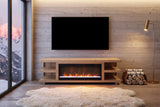 Ortisei Oak Fireplace Media Console in an alpine chalet at dusk