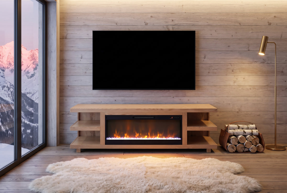 Ortisei Oak Fireplace Media Console in an alpine chalet at dusk