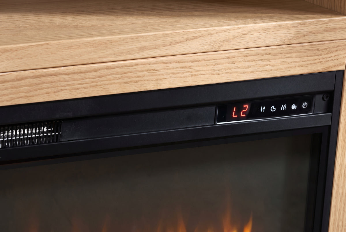 Ortisei Oak Fireplace Media Console: the insert's touch control strip with LED readout and five icons, level, timer, heat, flame, power