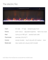 Ortisei Oak Fireplace Media Console: the electric fire's insert size, flames, heat, thermostat, controls and media bed