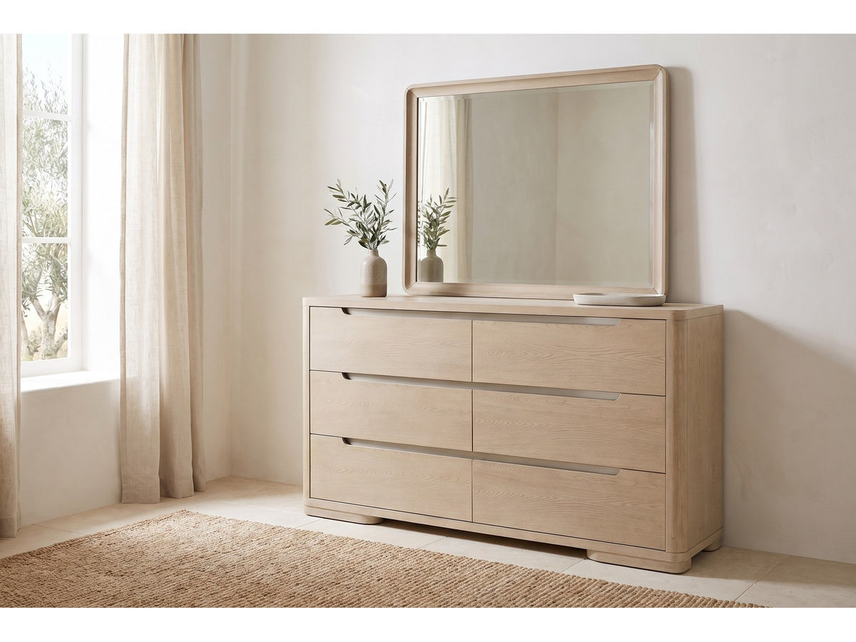 Osimo Light Elm Upholstered Bedroom Set: dresser with its mirror