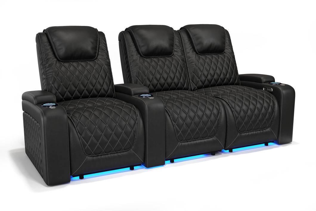 Valencia 2025 New Oslo Leather Home Theater Seating Row of 3 Loveseat Right, Midnight Black