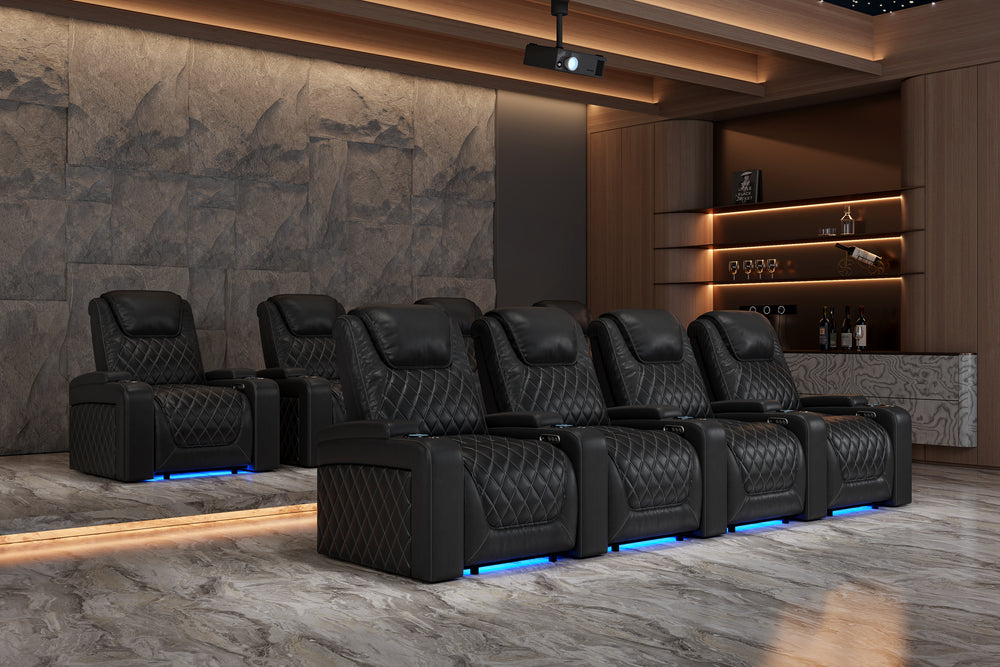 Valencia 2025 New Oslo Leather Home Theater Seating Row of 2, Midnight Black