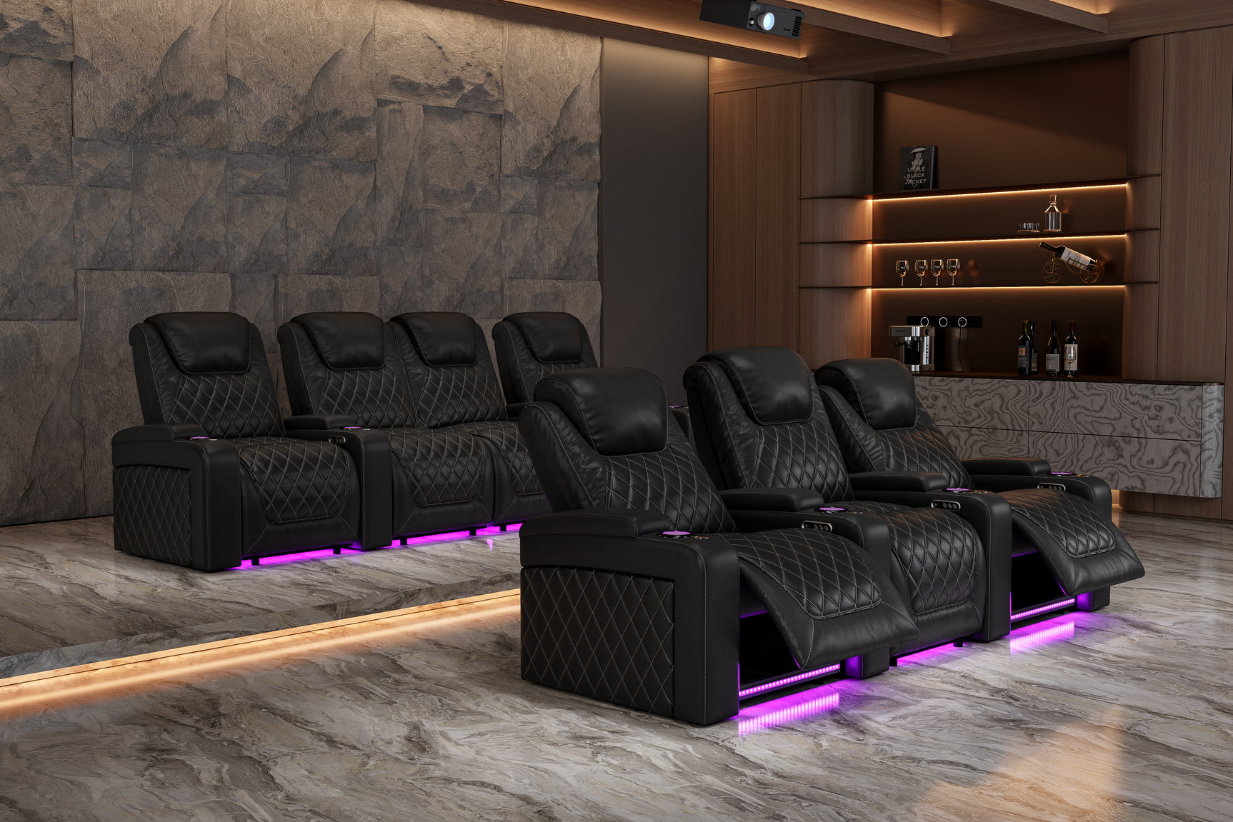 Valencia 2025 New Oslo Leather Home Theater Seating Row of 5 Set of 3 Center, Midnight Black