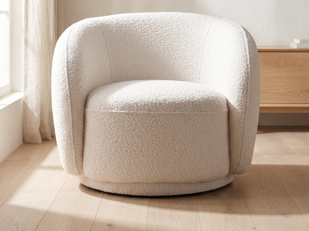 Ostuni Boucle Swivel Chair in a bright interior