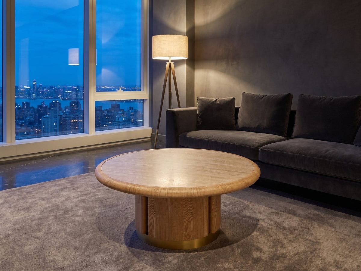 Ovada 35-Inch Round Sintered Stone and Wood Veneer Coffee Table on a wool rug in front of a velvet sofa in a city penthouse at blue hour