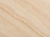 Close-up of the Ovada 35-Inch Round Sintered Stone and Wood Veneer Coffee Table: the warm travertine-look pattern of the sintered stone top