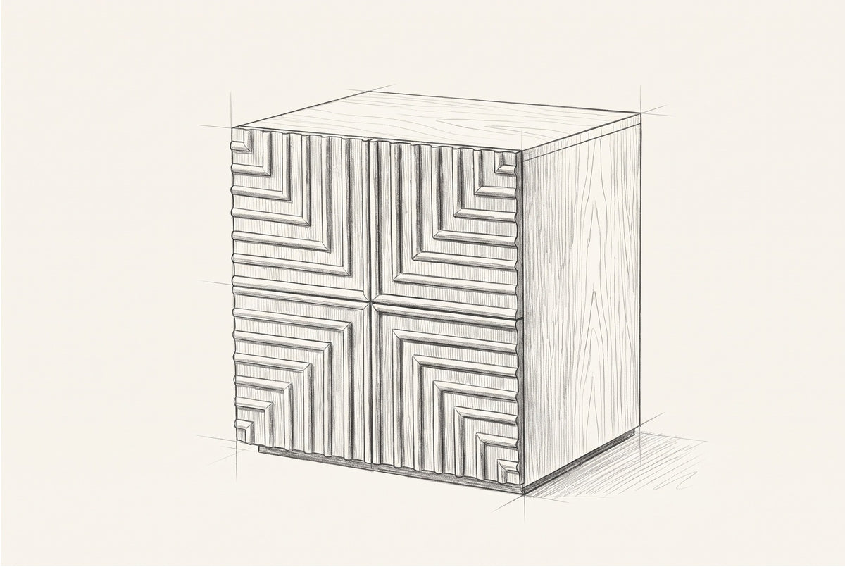 Pencil sketch of the Ozieri nightstand, drawn from the same three-quarter view