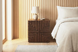 Ozieri walnut-brown ash nightstand with a ceramic lamp beside a linen bed in a Seattle bedroom with pale oak slat panelling, light oak floorboards and a tall window