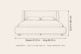 Pacentro bed dimensions: Queen 67.25 in and King 83.25 in wide, 32.25 in high, 88.5 in long, rails 11.5 in high with 3 in legs