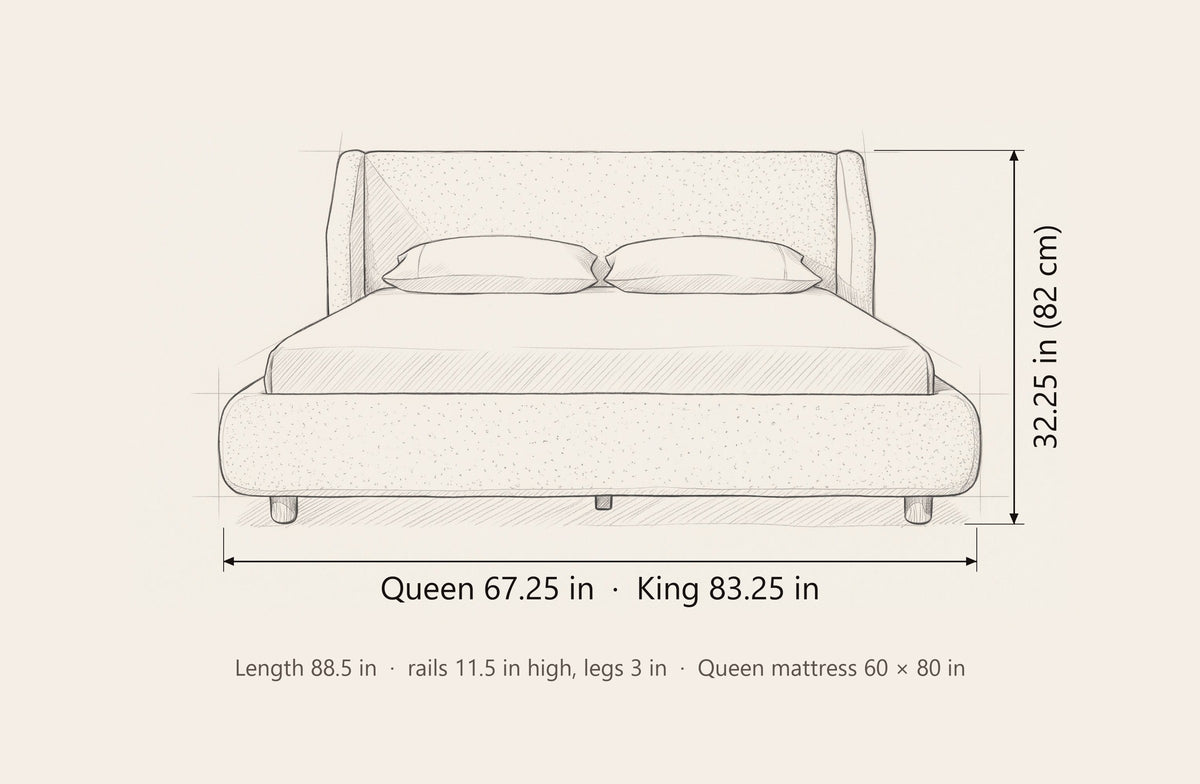 Pacentro bed dimensions: Queen 67.25 in and King 83.25 in wide, 32.25 in high, 88.5 in long, rails 11.5 in high with 3 in legs