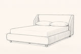 Pencil sketch of the Pacentro bed with a mattress and two pillows, drawn from the same three-quarter view