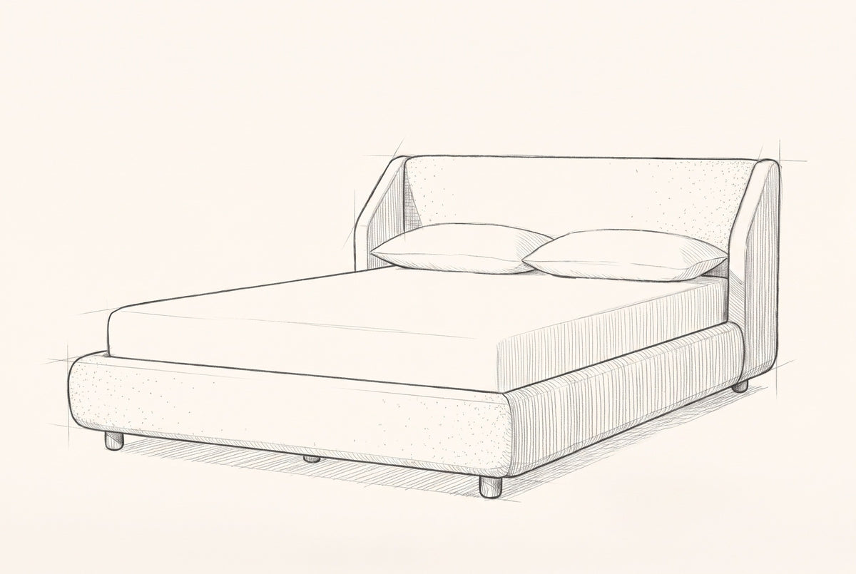 Pencil sketch of the Pacentro bed with a mattress and two pillows, drawn from the same three-quarter view